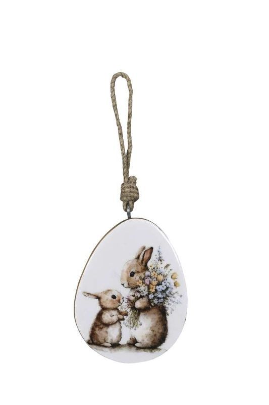 картинка Декор подвесной "Яйцо-кролики с букетом" 9xH11см + 10см подвес